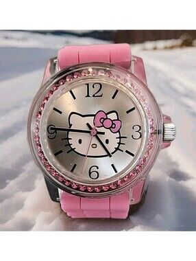 Sanrio Hello Kitty Watch Women 36mm Silver Tone Pink Bow Charm New Battery 8.25"